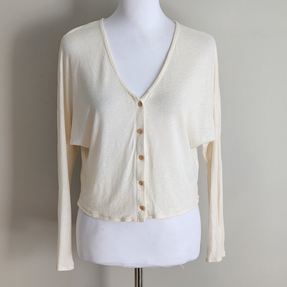 H&M Linen Blend Cardigan Womens XS Cream Cropped Fairy Natural Bridal Neutral